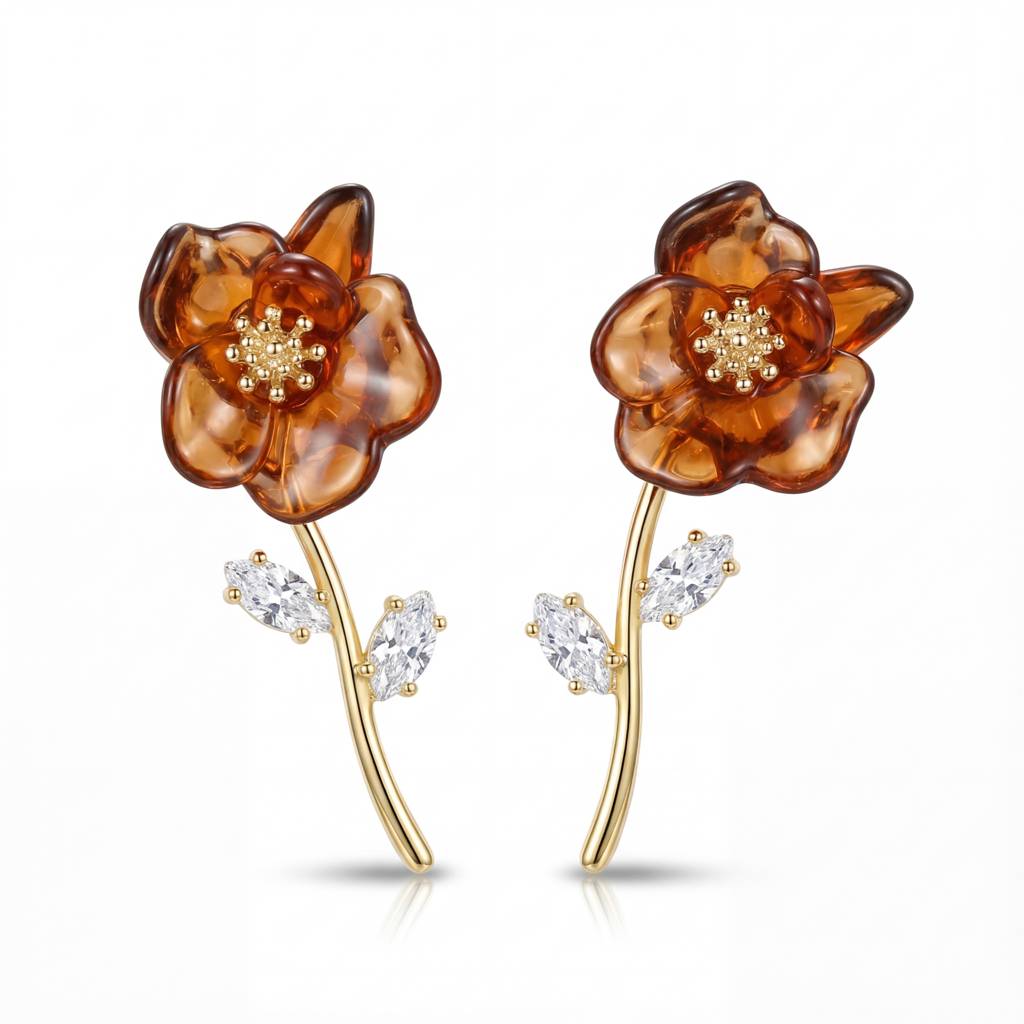 Korean Autumn Bloom Amber Crystal Studs : YUFSER346