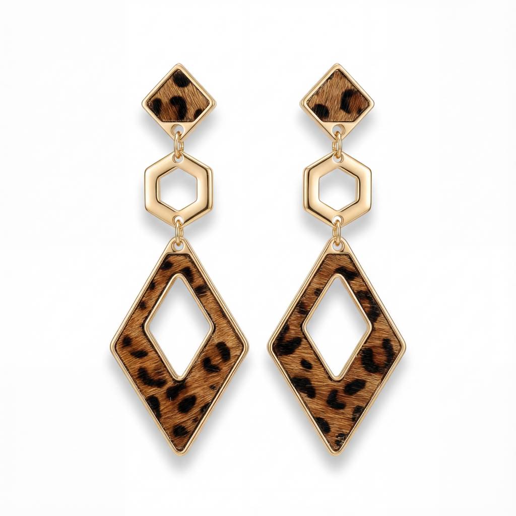 Korean Safari Chic Leopard Print & Geometric Triple Drop Earrings : YUFSER348
