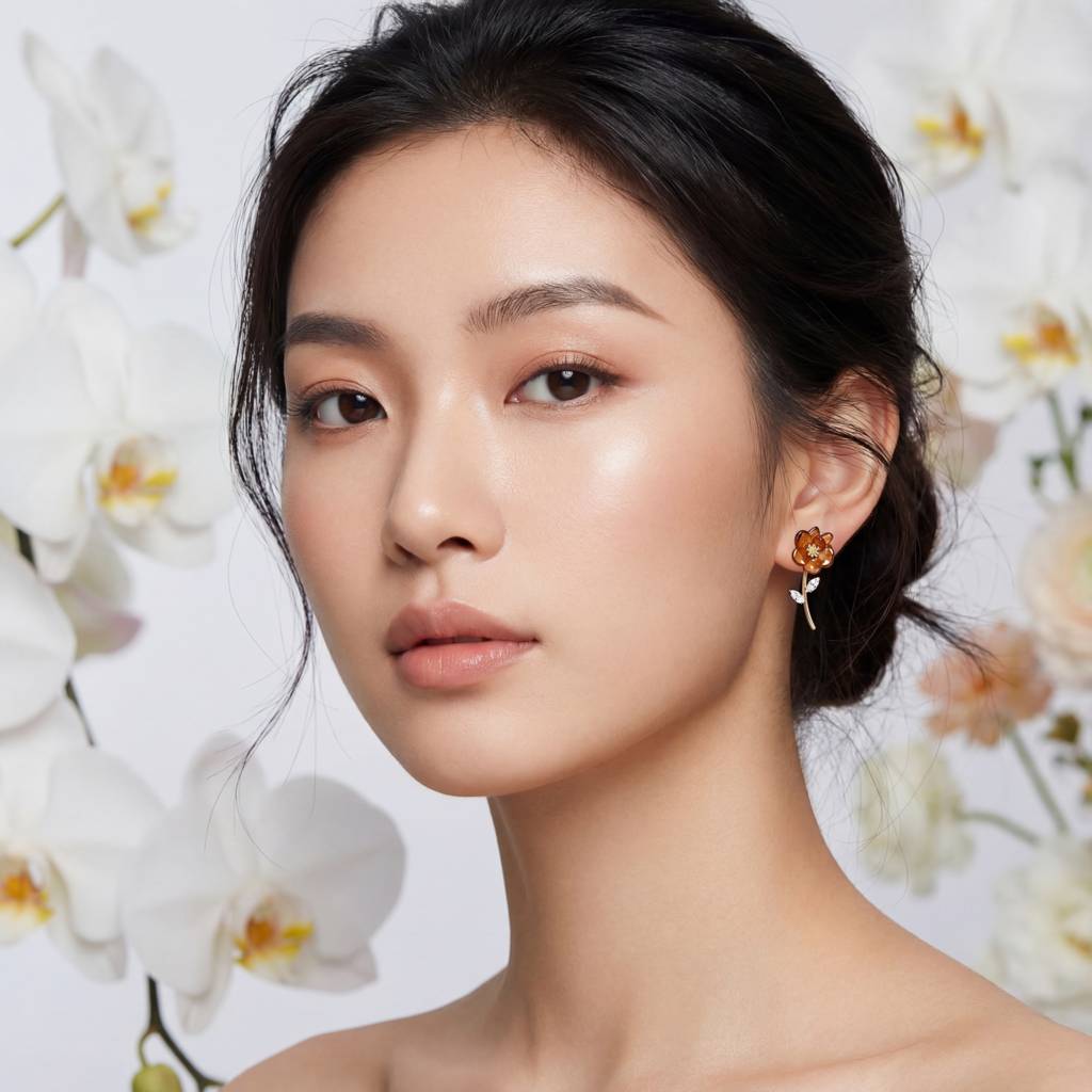 Korean Autumn Bloom Amber Crystal Studs : YUFSER346