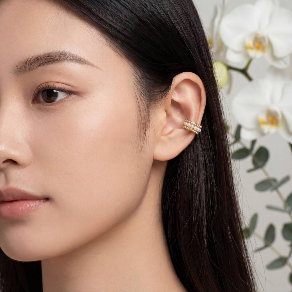 Korean Luminous Pearl & Beaded Orbital Ear Cuff : YUFSER018-YG