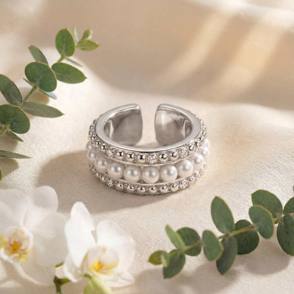 Korean Luminous Pearl & Beaded Orbital Ear Cuff : YUFSER018-SL