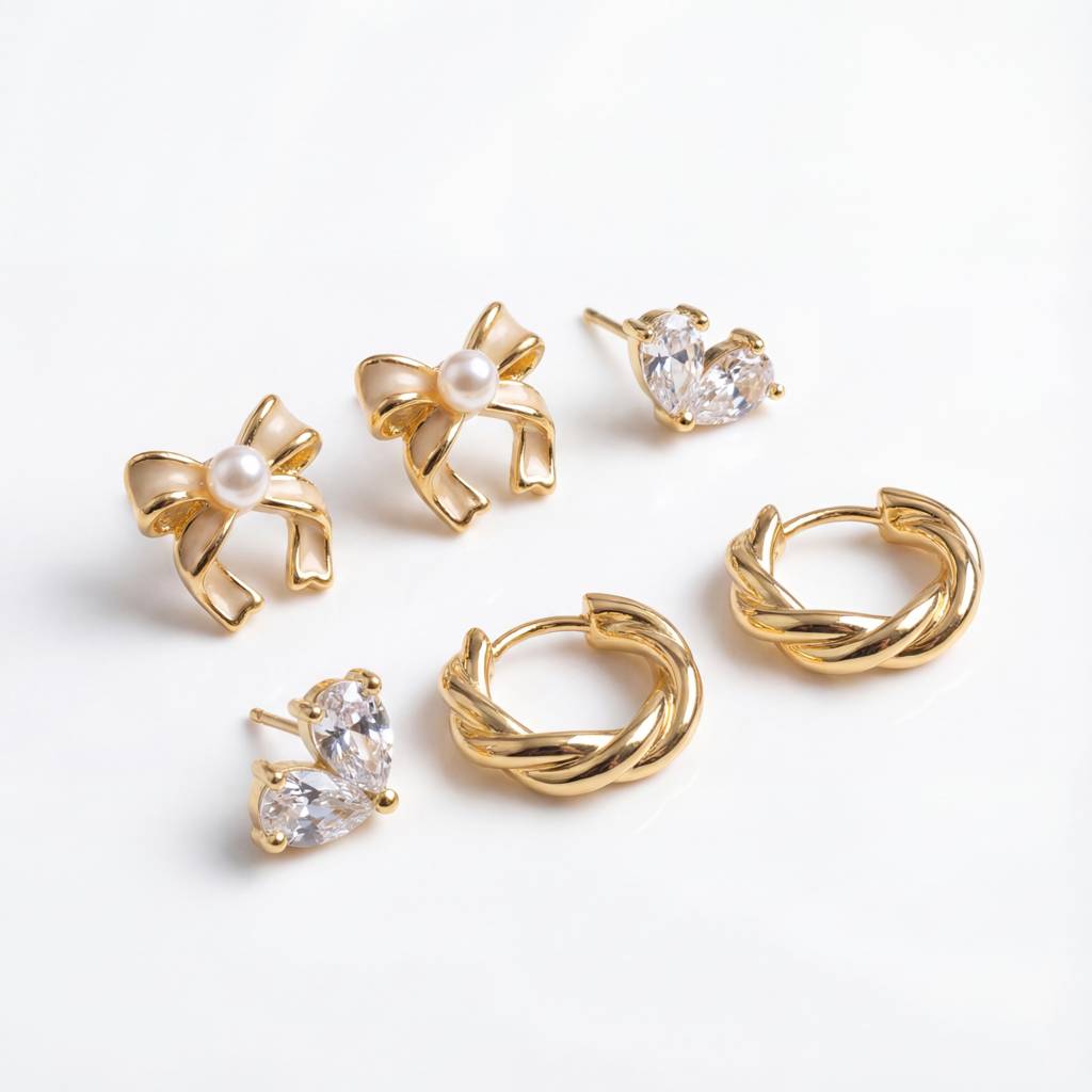Korean Golden Trio Pearl & Bow Earring Set : YUFSER019-YG