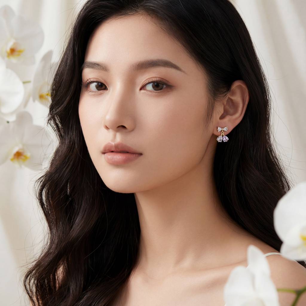 Korean Crystal Bow & Bell Drop Studs : YUFSER300