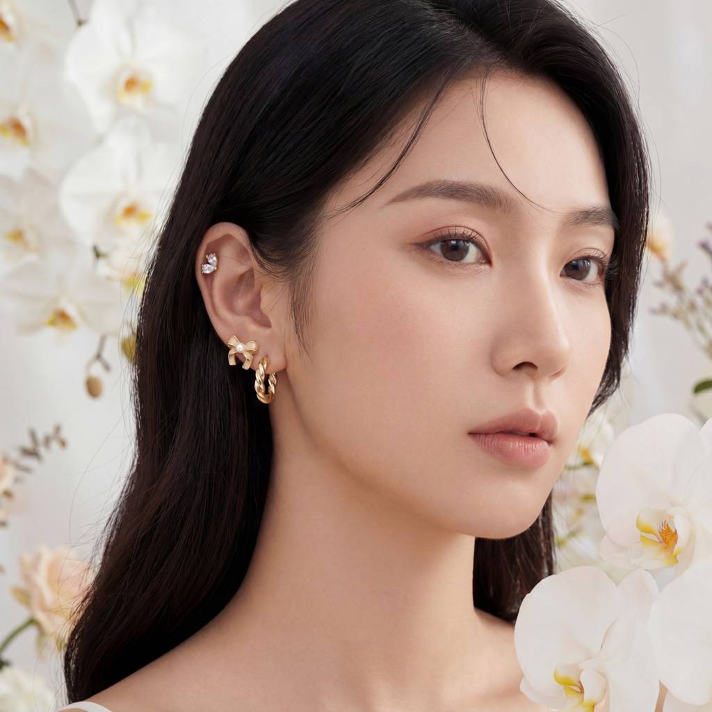 Korean Golden Trio Pearl & Bow Earring Set : YUFSER019-YG