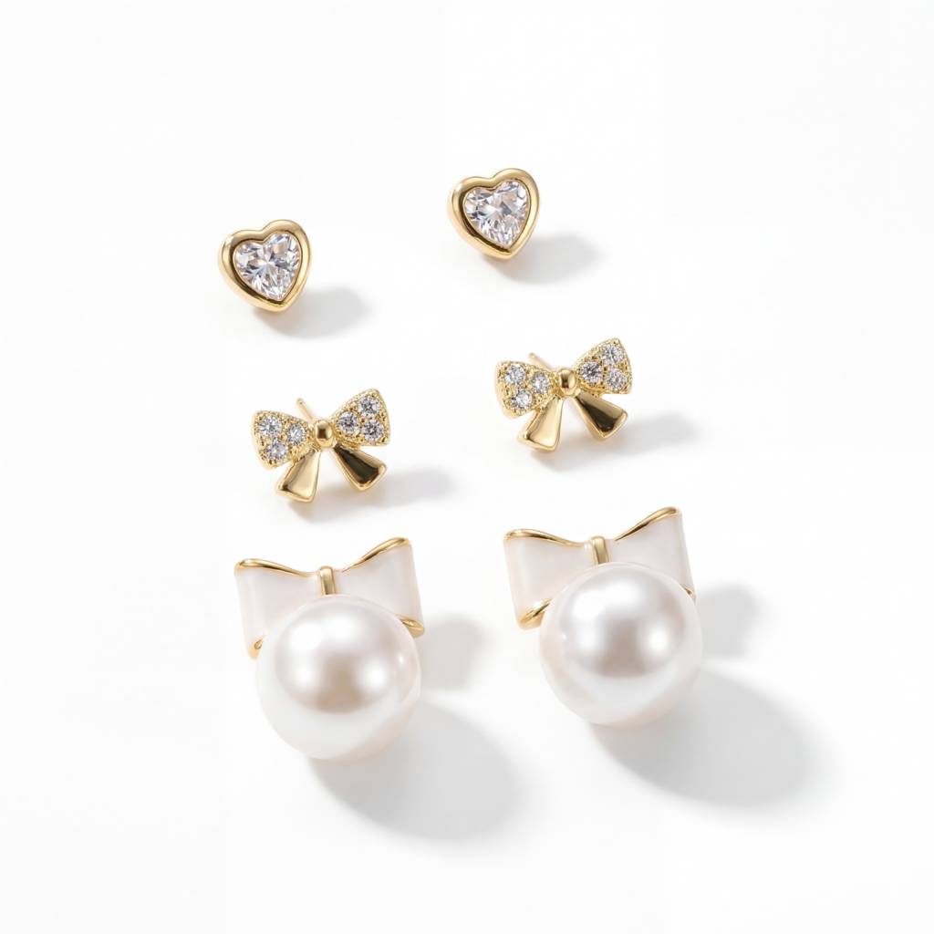 Korean Graceful Bow & Heart Earring Trio : YUFSER022-YG