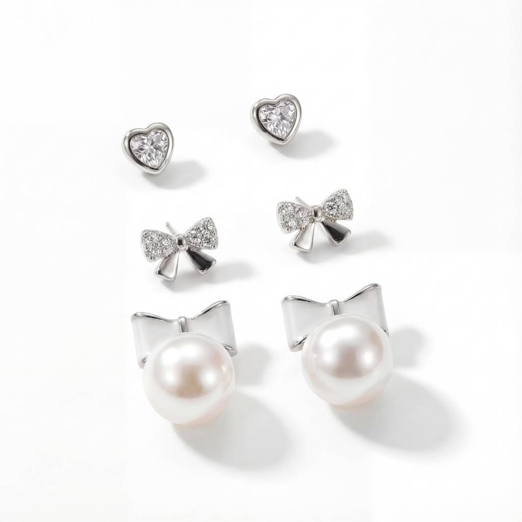 Korean Graceful Bow & Heart Earring Trio : YUFSER022-SL