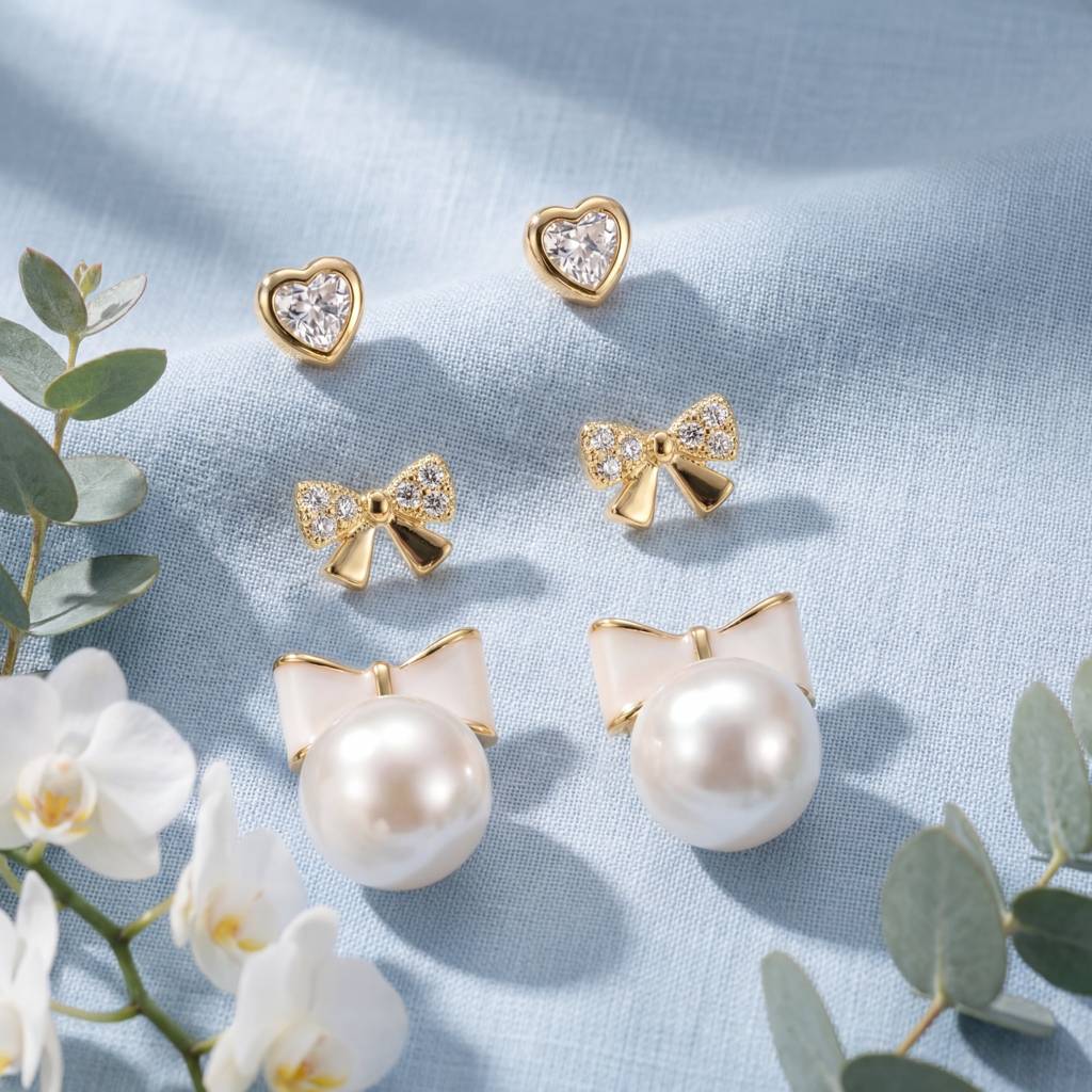 Korean Graceful Bow & Heart Earring Trio : YUFSER022-YG