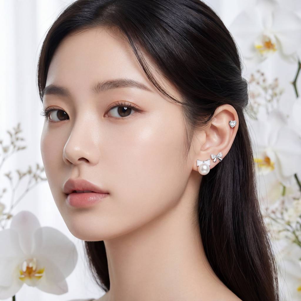 Korean Graceful Bow & Heart Earring Trio : YUFSER022-SL