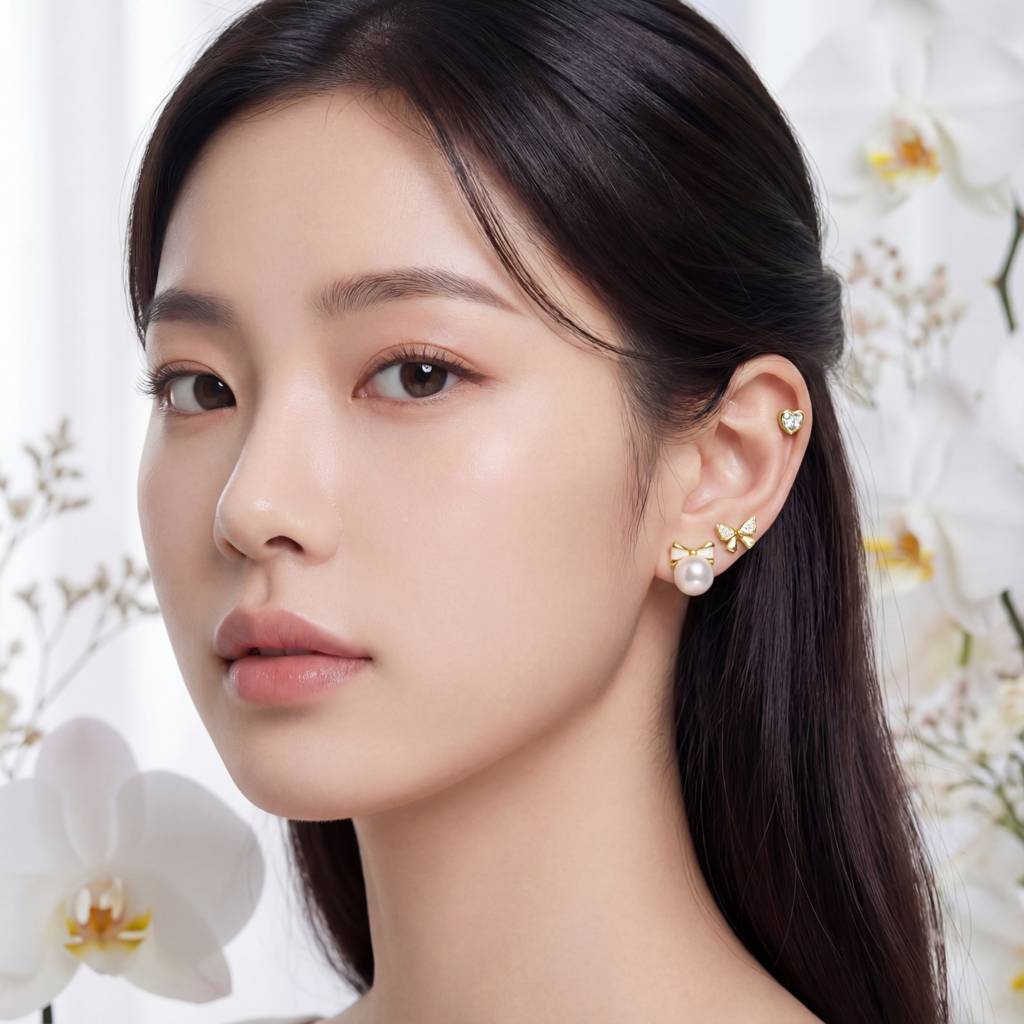Korean Graceful Bow & Heart Earring Trio : YUFSER022-YG