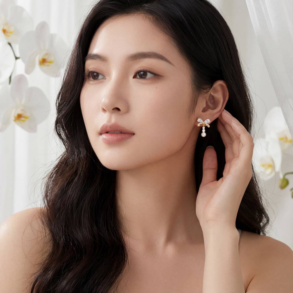 Korean Coquette Crystal Ribbon Drops : YUFSER361