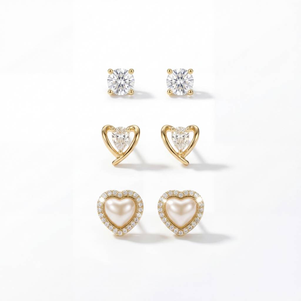 Korean Graceful Heart & Brilliance Earring Trio : YUFSER024-YG