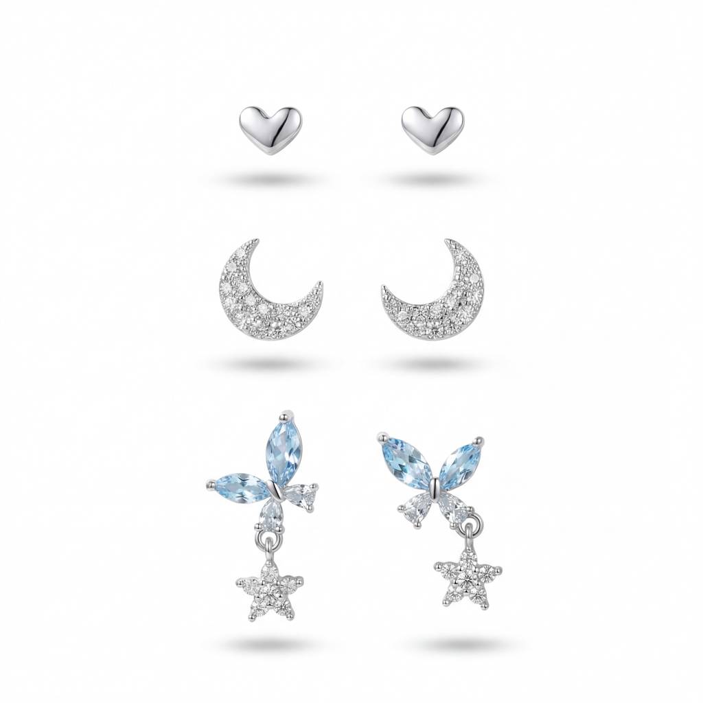Korean Midnight Sky & Crystal Butterfly Earring Trio : YUFSER029-SB