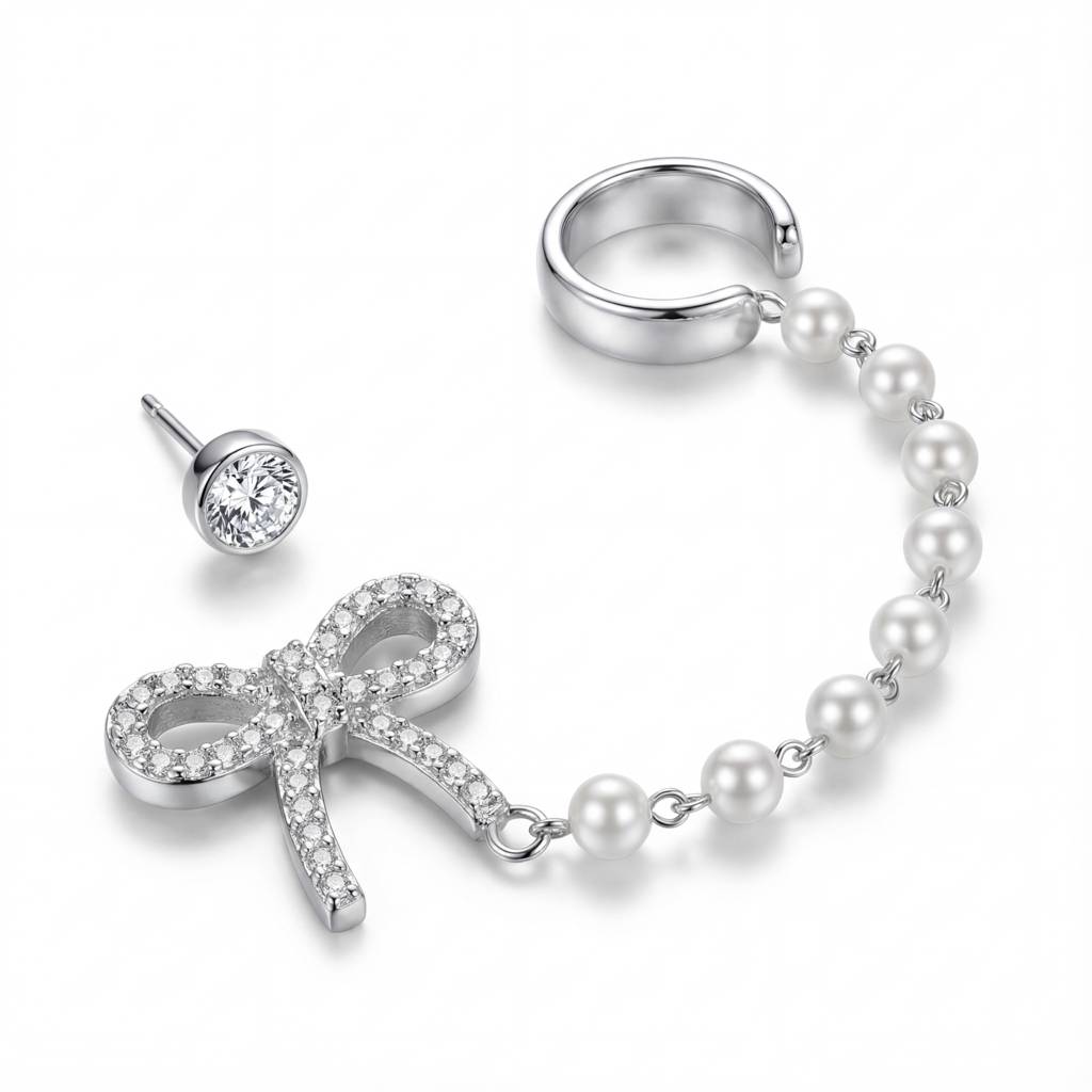 Korean Coquette Bow & Drop Pearl Ear Wrap : YUFSER372