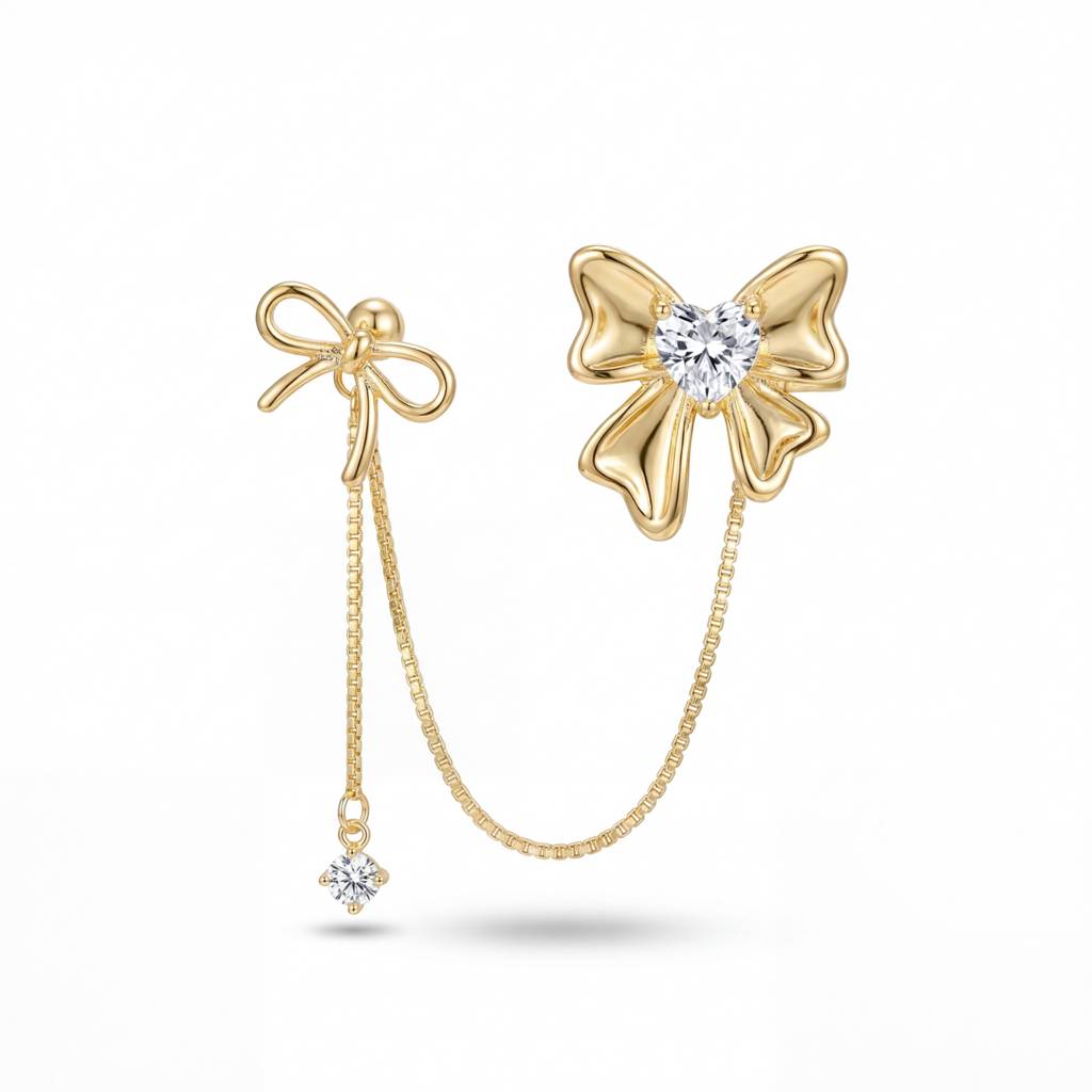 Korean Coquette Heart Bow Linked Studs : YUFSER382