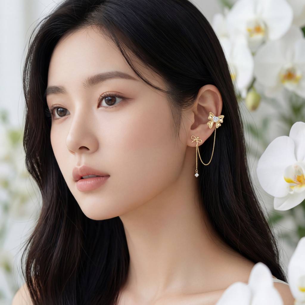 Korean Coquette Heart Bow Linked Studs : YUFSER382