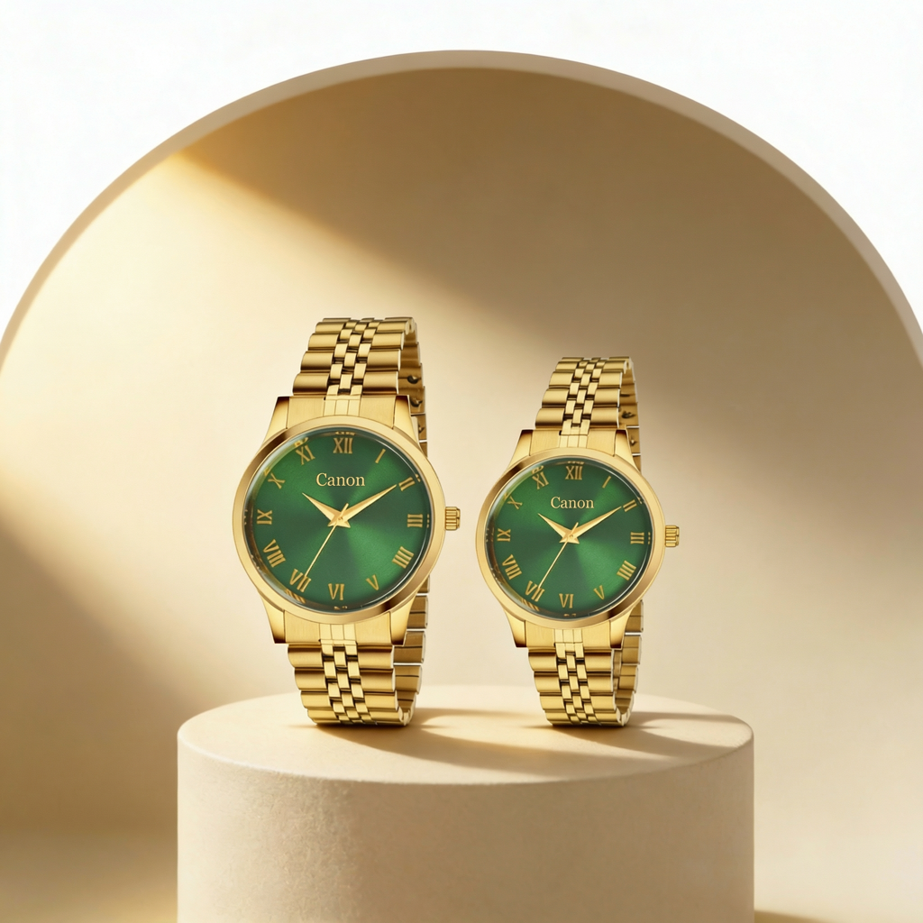 Luxury Golden & Green Couple Watch With Roman Numerals Cn-485 : CN-485