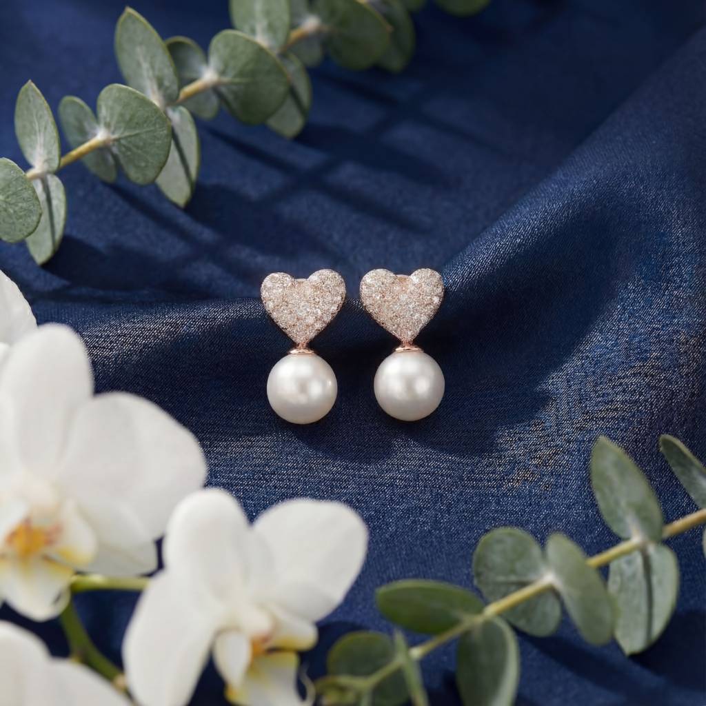 Sweetheart Sparkle, Pavé Heart & Pearl Stud. : YUFSER221