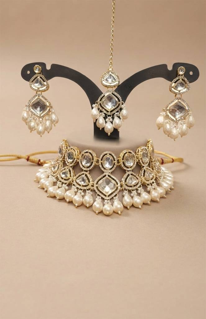 Silver Pearl Bridal Matha Patti & Necklace Set : HIV-176