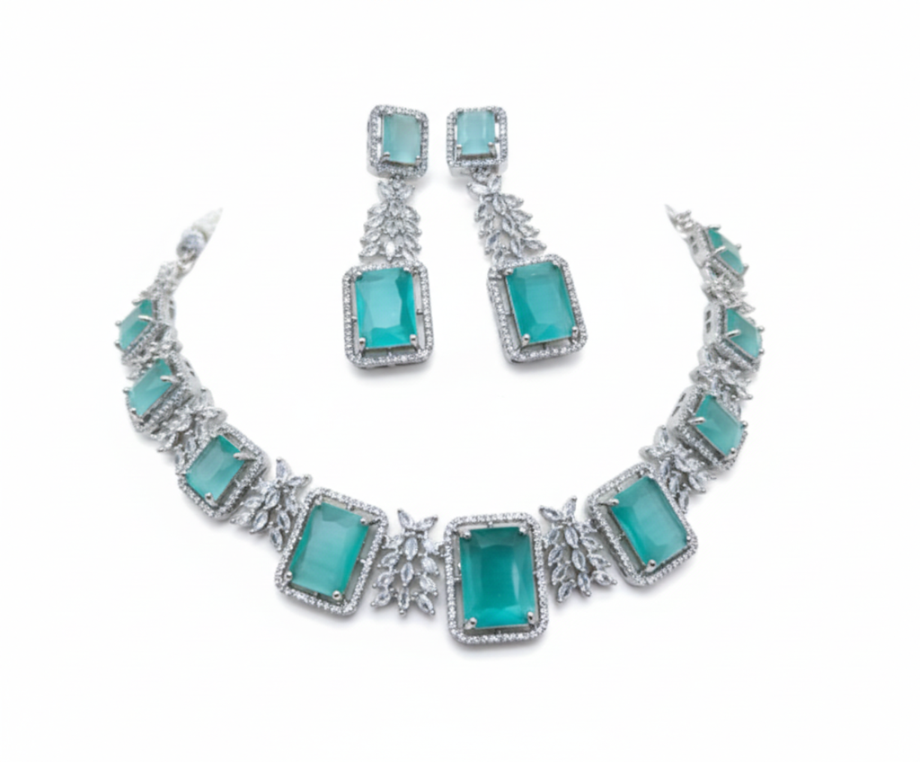 Zaveri Pearls Silver-Plated Sea Green Stone-Studded Jewellery Set : HIV-67