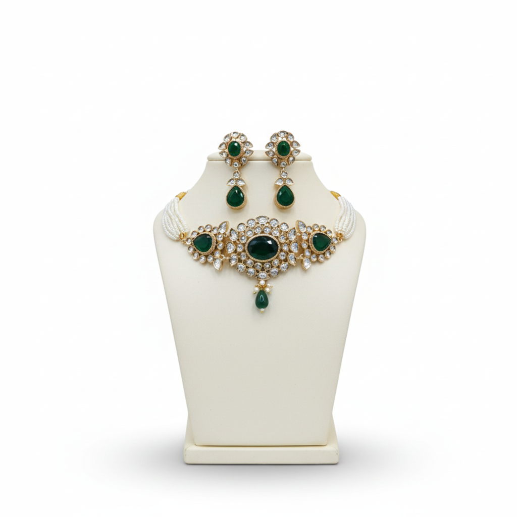 Gold-Plated Green Stone & Pearls Jewellery Set : HIV-84