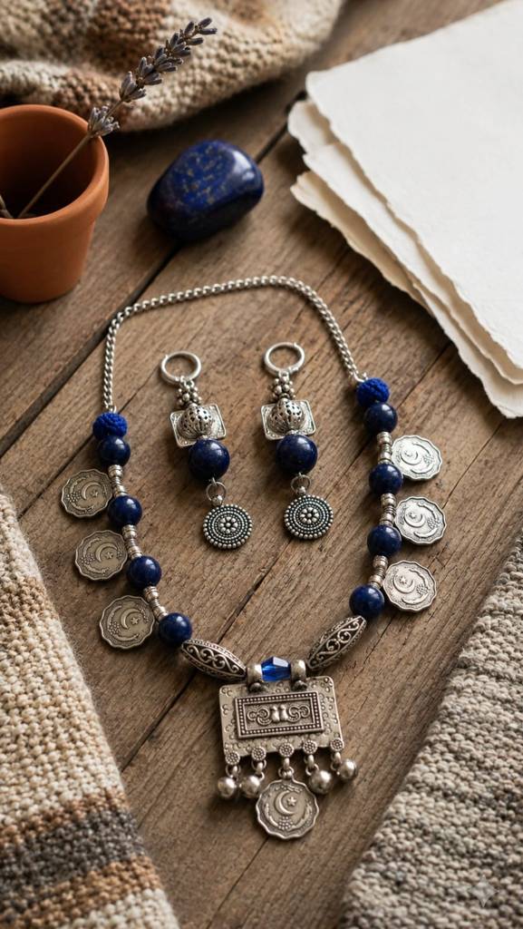 Tribal Lapis Lazuli Silver Necklace Set With Coin Charms & Drop Earrings : HM28