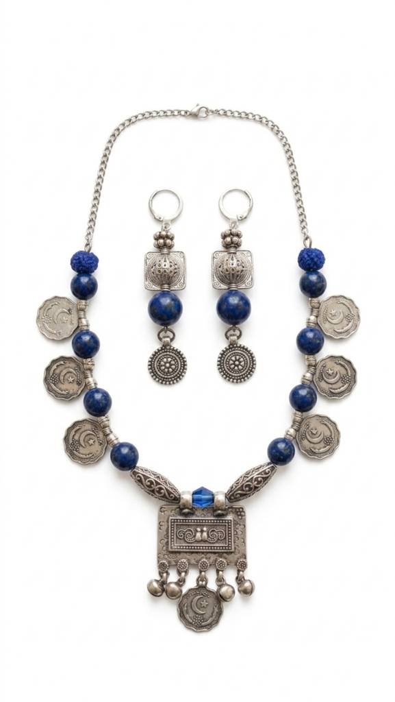 Tribal Lapis Lazuli Silver Necklace Set With Coin Charms & Drop Earrings : HM28
