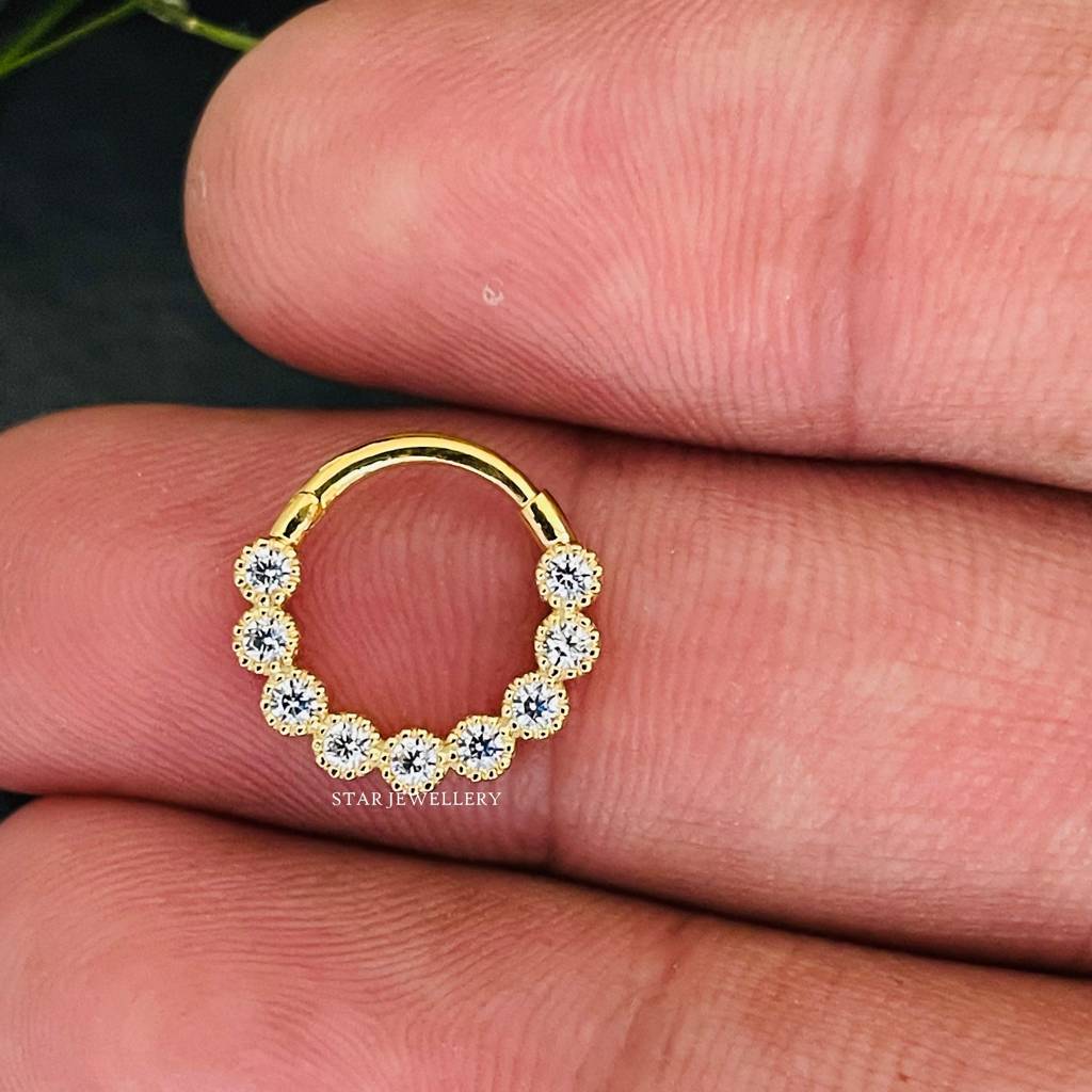 Septum Nose Ring In 925 Sterling Silver Bezel Set Miligrain Moissanite Diamond Daith Piercing : STE27