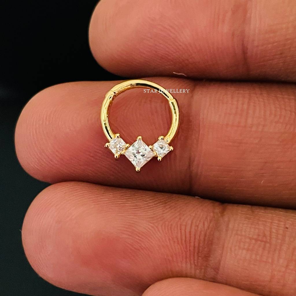 925 Sterling Silver With  Genuine Princess Cut  Moissanite Diamond Trio Stone Septum Clicker Nose Ring : STE64