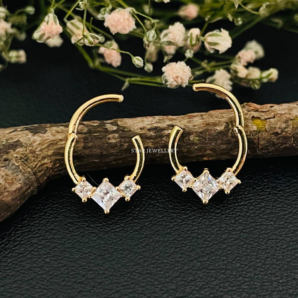 925 Sterling Silver With  Genuine Princess Cut  Moissanite Diamond Trio Stone Septum Clicker Nose Ring : STE64