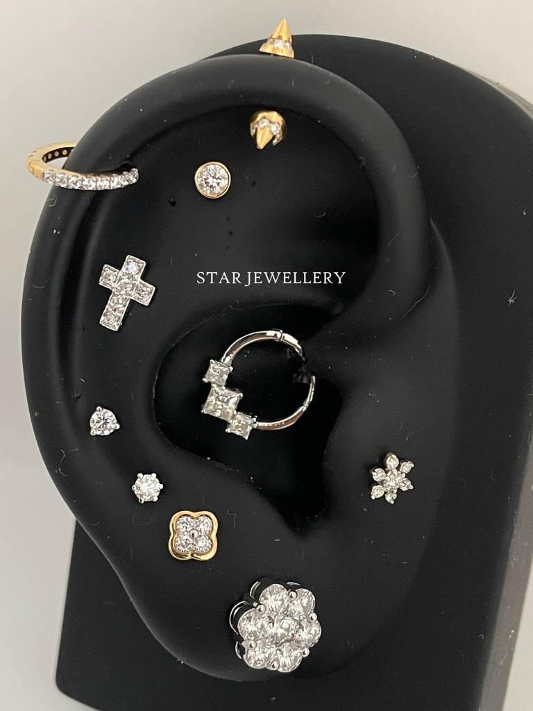 925 Sterling Silver With  Genuine Princess Cut  Moissanite Diamond Trio Stone Septum Clicker Nose Ring : STE64
