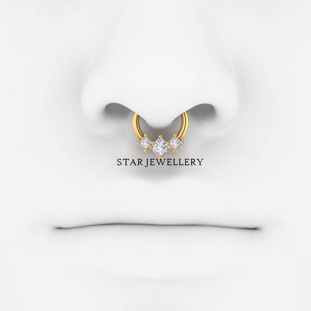 925 Sterling Silver With  Genuine Princess Cut  Moissanite Diamond Trio Stone Septum Clicker Nose Ring : STE64