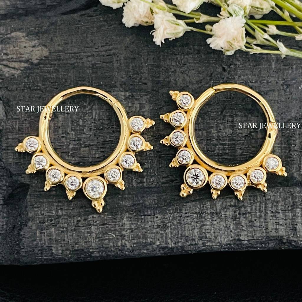 925 Sterling Silver Bezel Set Moissanite Diamond Fake Daith Clicker Septum Nose Ring : STE253