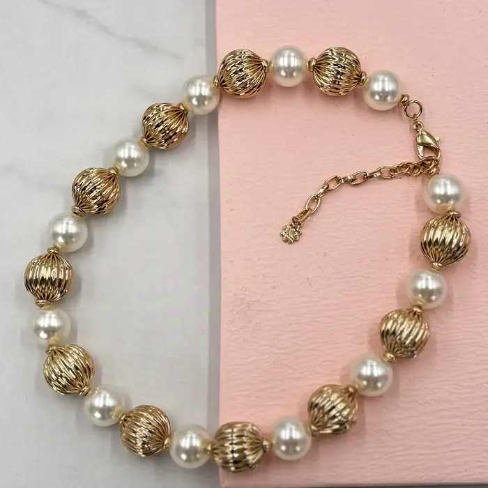 Tfc Medium Vortex Bold Bead And Pearl Statement Gold Plated Necklace : 20185