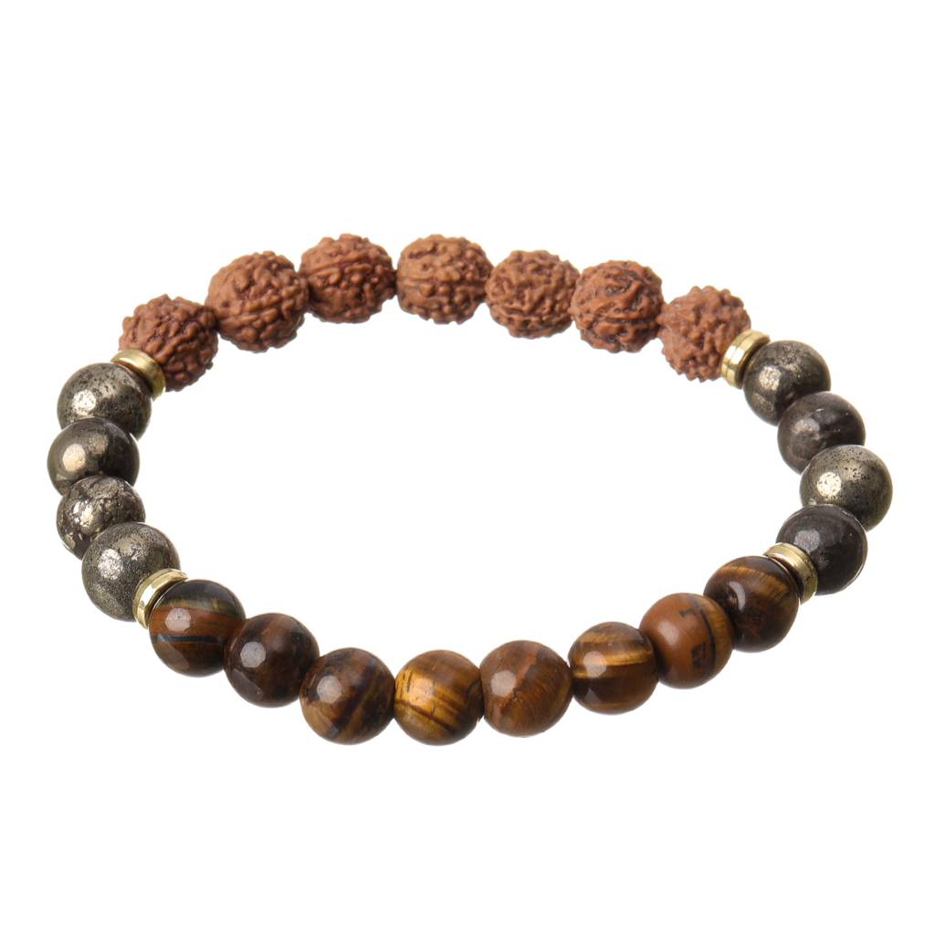 5 Mukhi Rudraksha, Pyrite & Tiger Eye Natural Stone Bracelet : BD-158