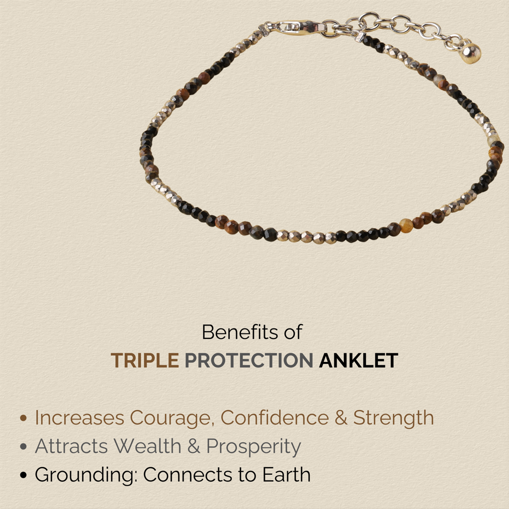 Triple Protection Anklet - Tiger Eye, Pyrite, Black Obsidian Natural Stone : AK-013