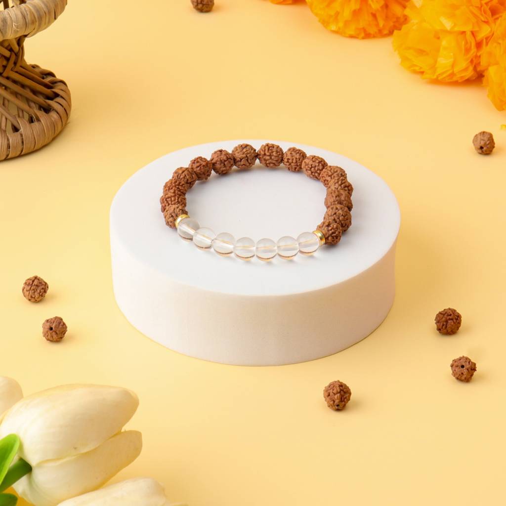 5 Mukhi Rudraksha & Clear Quartz Natural Stone Bracelet : BD-157