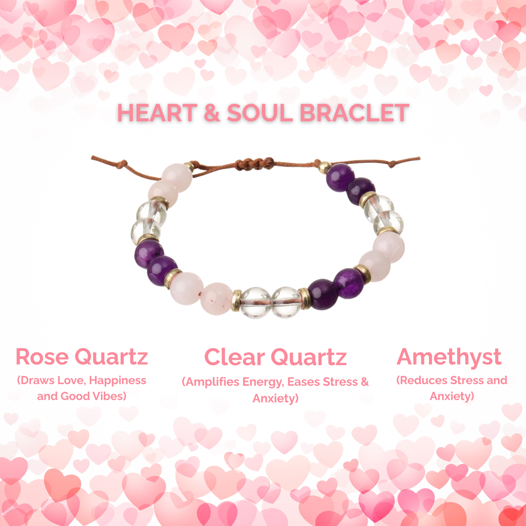 Heart & Soul Bracelet - Amethyst, Clear Quartz & Rose Quartz Natural Stone : BD-144