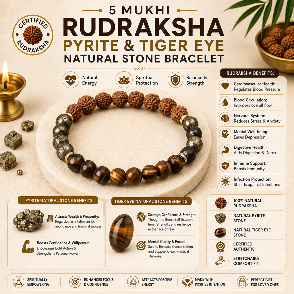 5 Mukhi Rudraksha, Pyrite & Tiger Eye Natural Stone Bracelet : BD-158