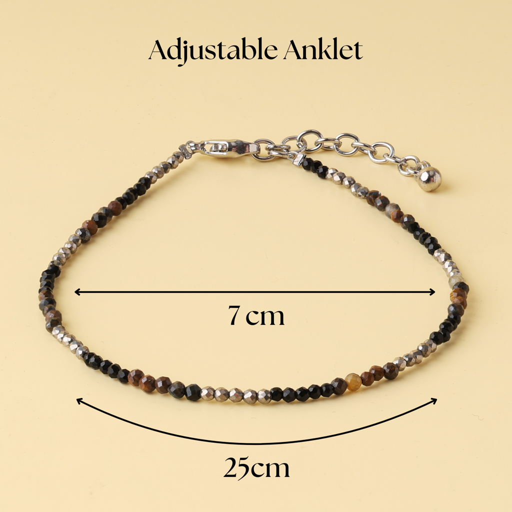 Triple Protection Anklet - Tiger Eye, Pyrite, Black Obsidian Natural Stone : AK-013
