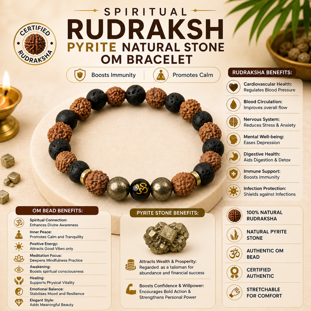 Spiritual Rudraksh Pyrite Natural Stone Om Bracelet : BD-156