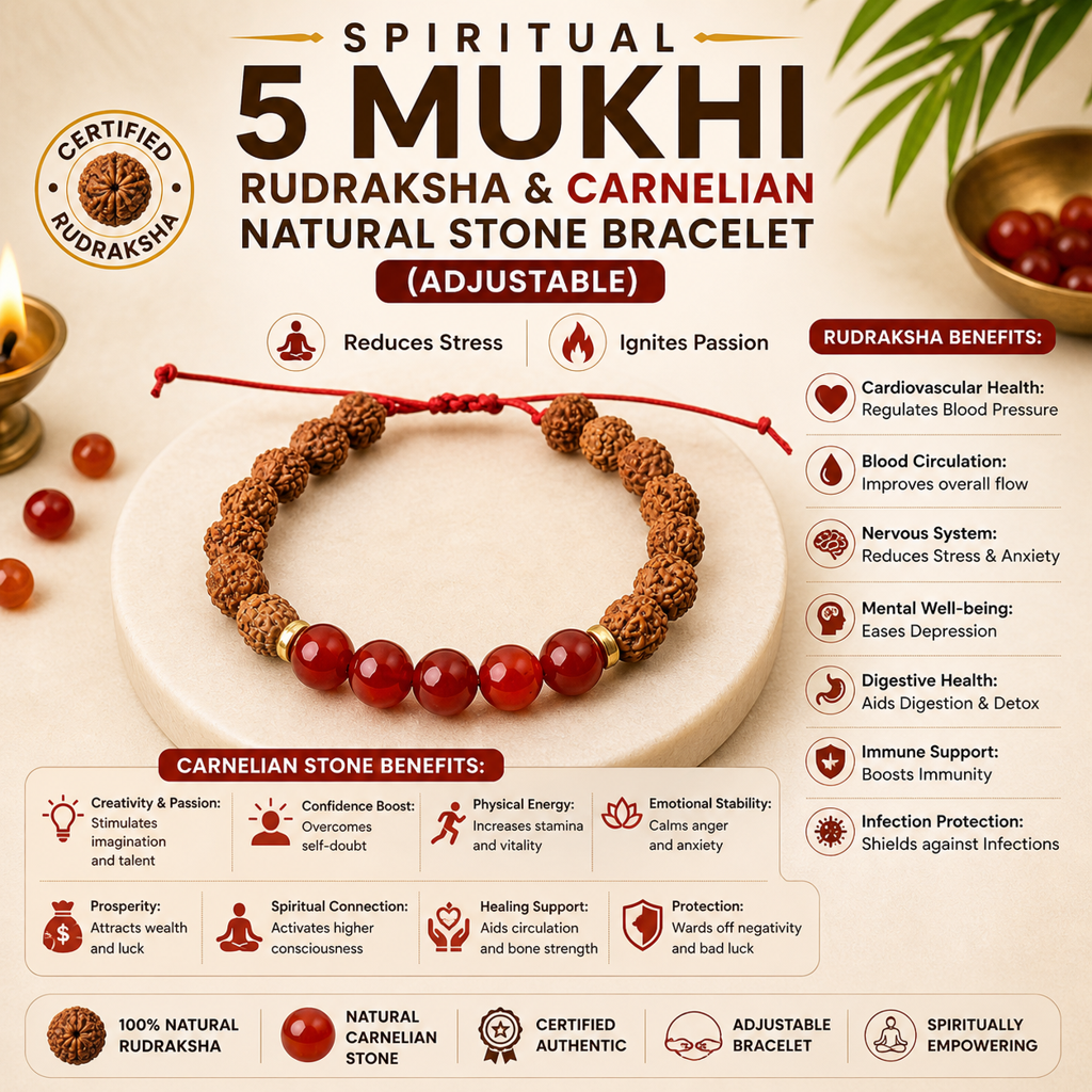5 Mukhi Rudraksha & Carnelian Natural Stone Bracelet : BD-155