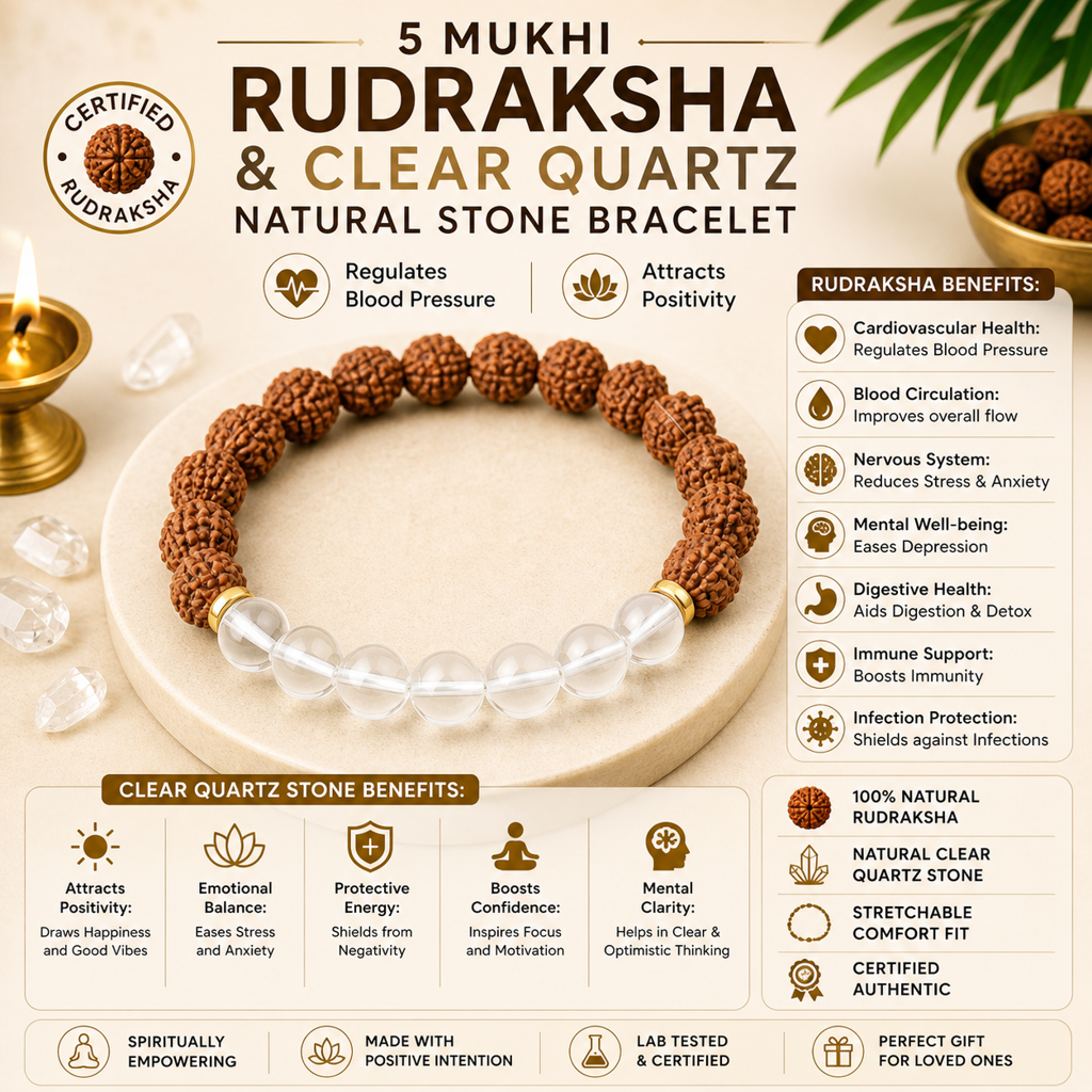 5 Mukhi Rudraksha & Clear Quartz Natural Stone Bracelet : BD-157