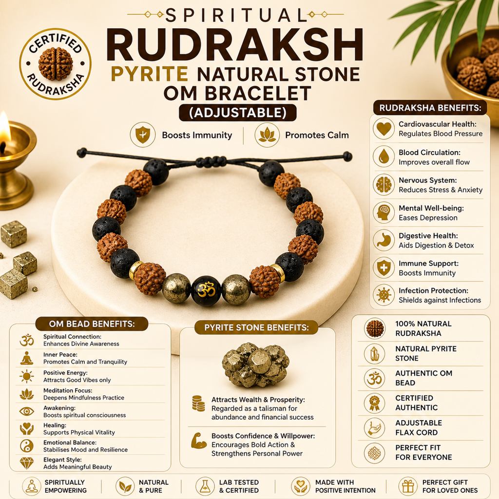 Spiritual Rudraksh Pyrite Natural Stone Om Bracelet : BD-156