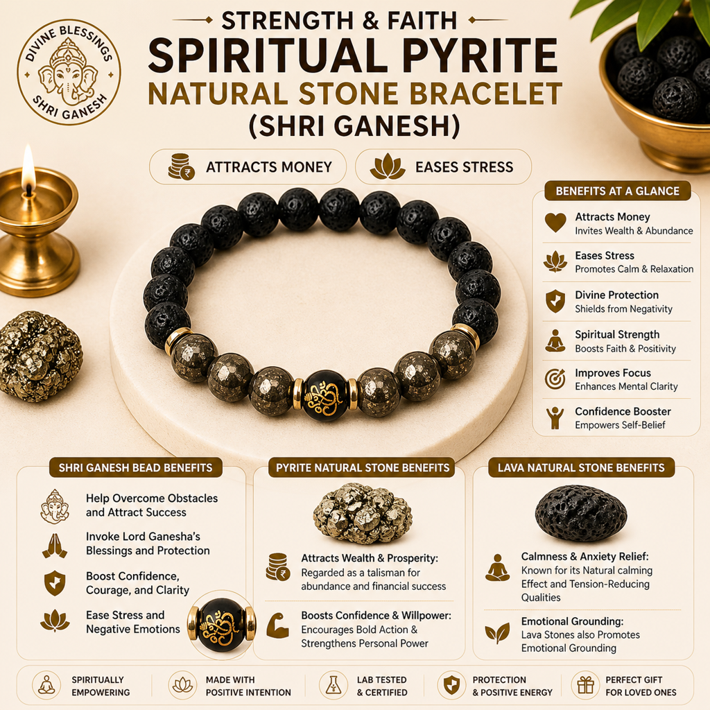 Strength & Faith Spiritual Pyrite Natural Stone Bracelet (Shri Ganesh) : BD-159SG