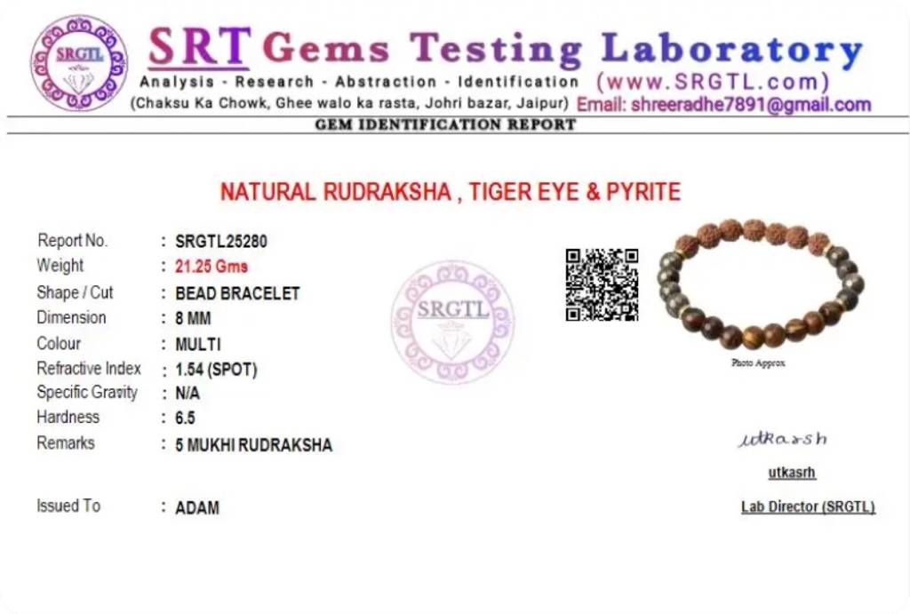5 Mukhi Rudraksha, Pyrite & Tiger Eye Natural Stone Bracelet : BD-158