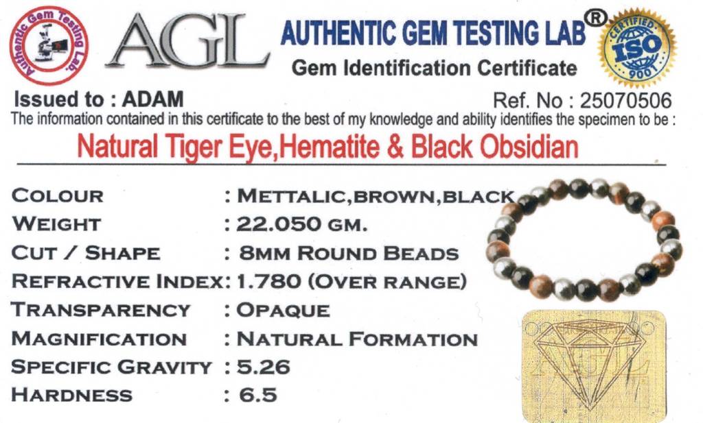 Triple Protection Bracelet - Tiger Eye, Hematite, Black Obsidian Natural Stone : BD-164