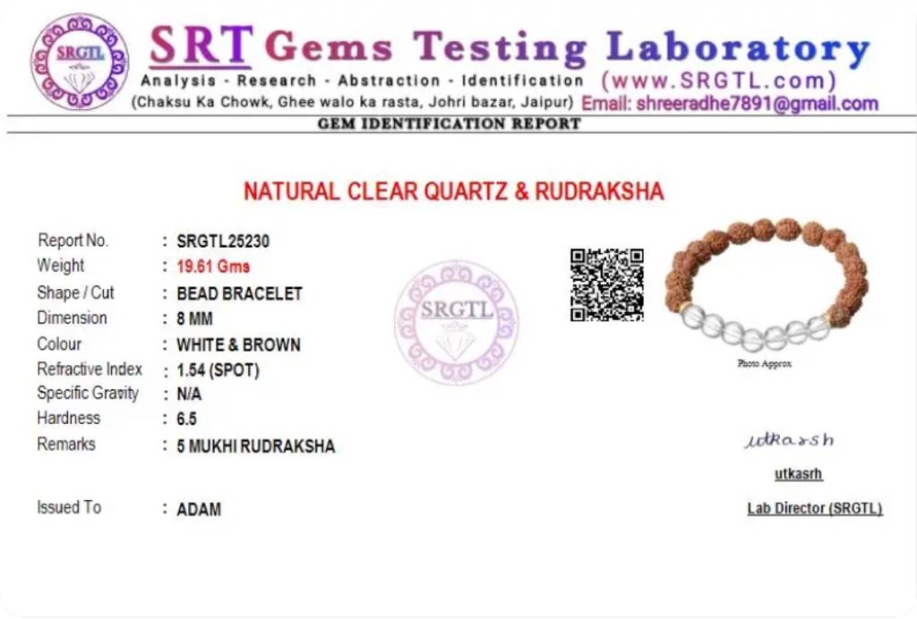 5 Mukhi Rudraksha & Clear Quartz Natural Stone Bracelet : BD-157
