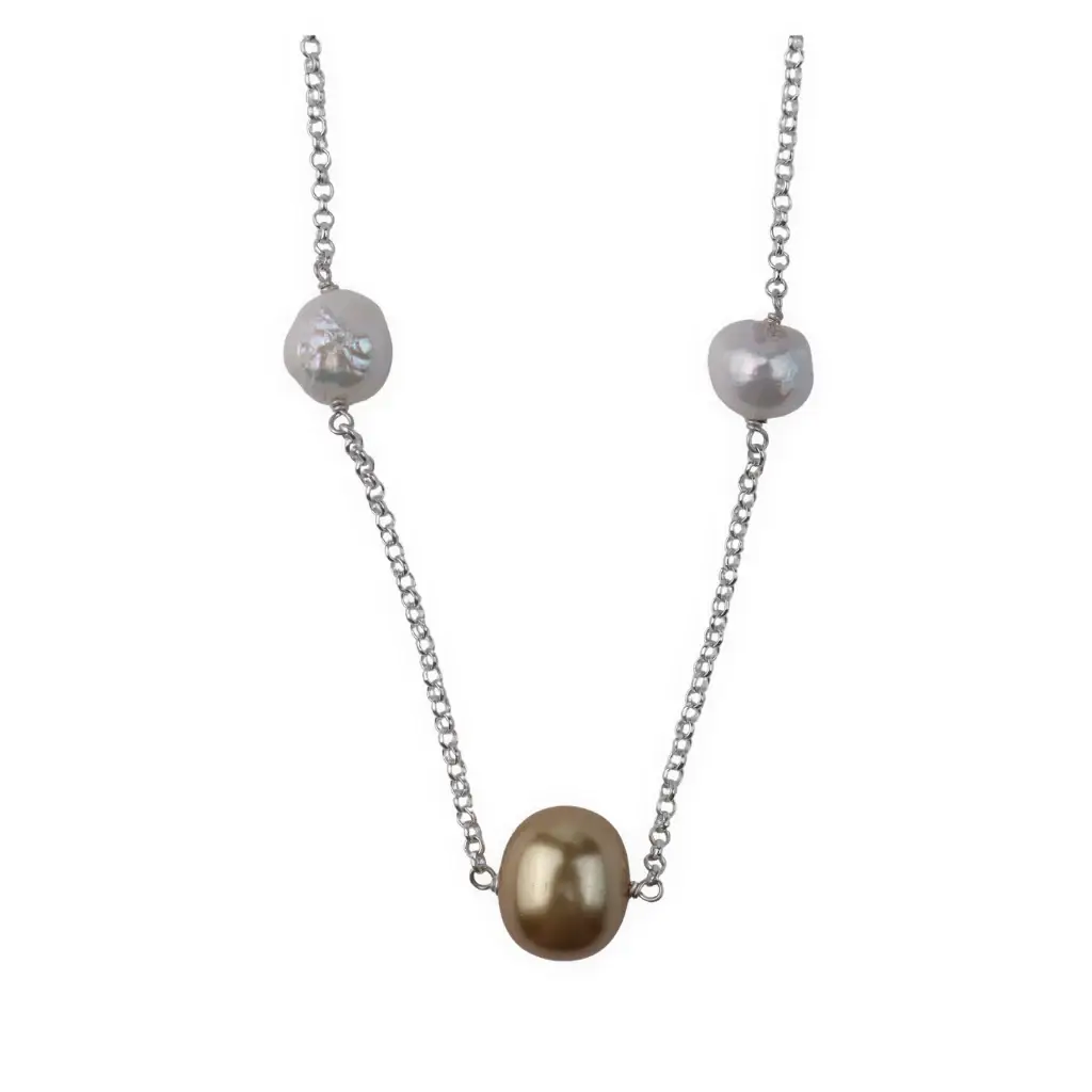 Pearl Line Necklace With Fresh Water Pearls & Golden Pearls : 70876055