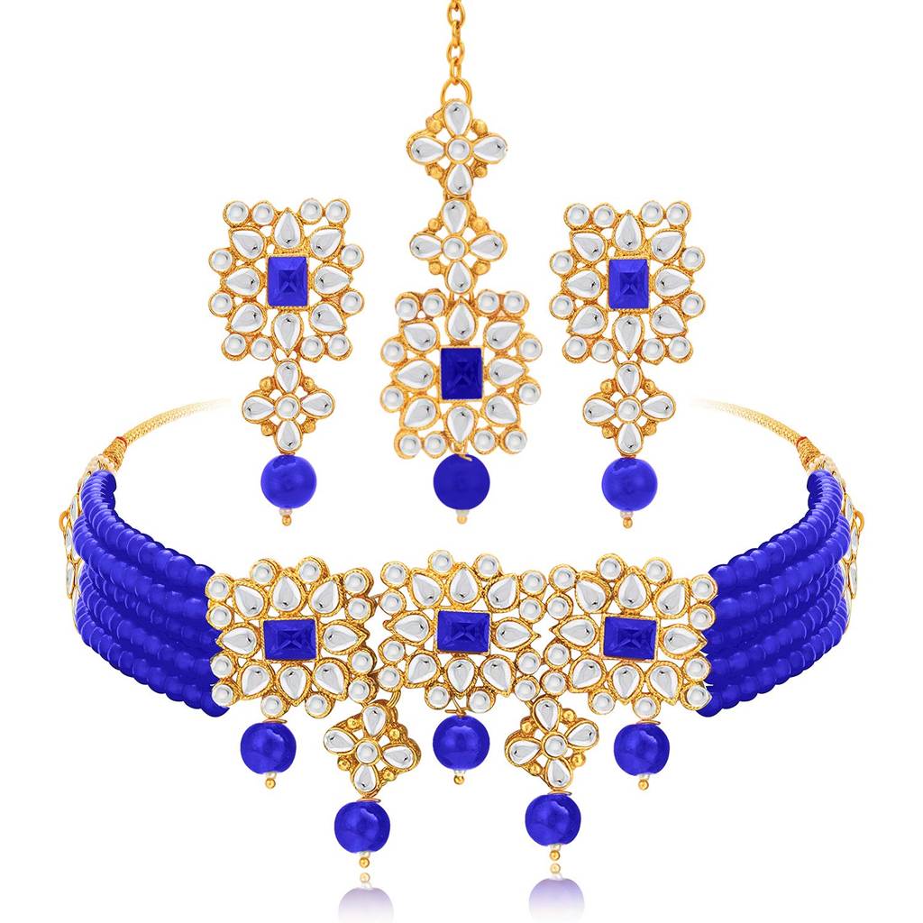 Blue Gold Plated Brass Indian Traditional Kundan Faux Pearl Choker Necklace With Earrings Jewellery Set For Women  : PF37N224B