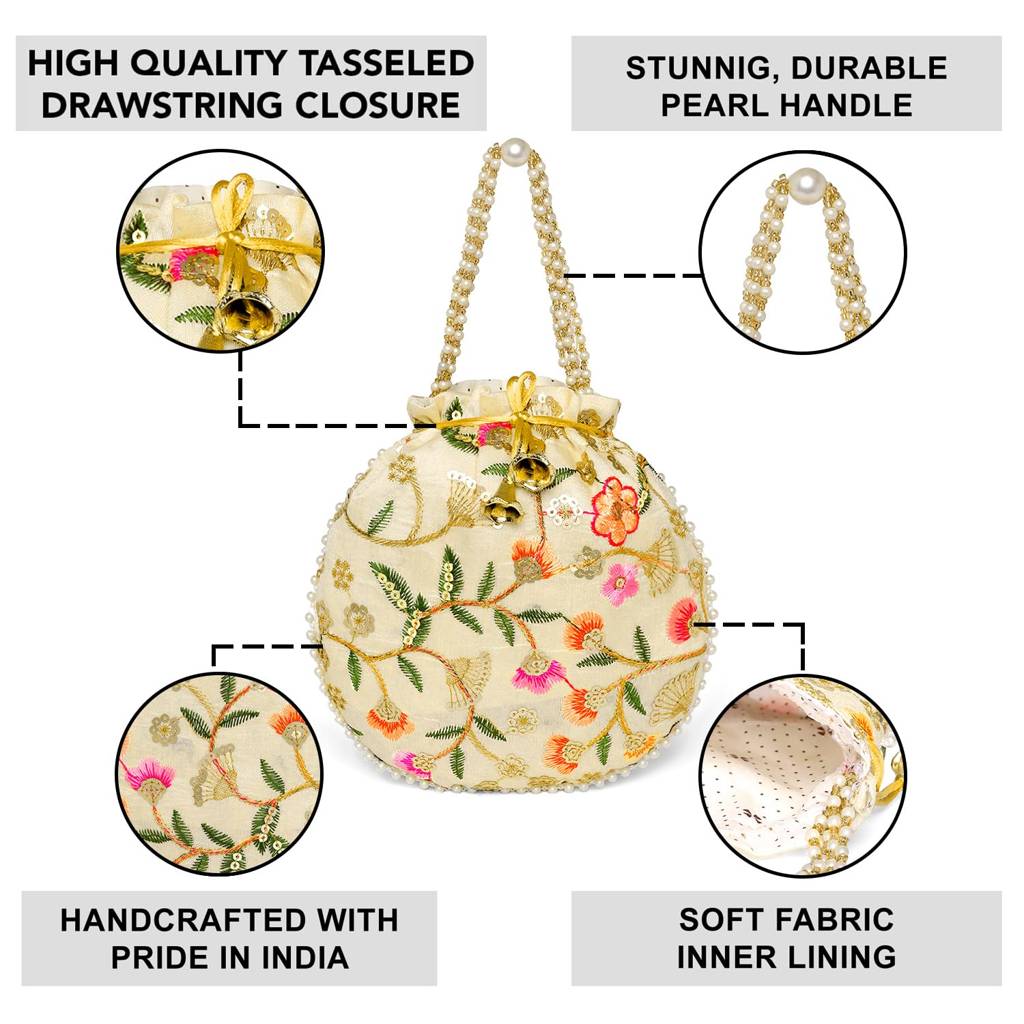 Ethnic Embroidered Potli Bag For Women Fancy Evening Wristlet Purse Bag For Girls : P189CRM-S
